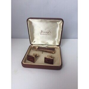 Vtg De Cara Tie Bar cuff links leather faux snakeskin gold tone original case